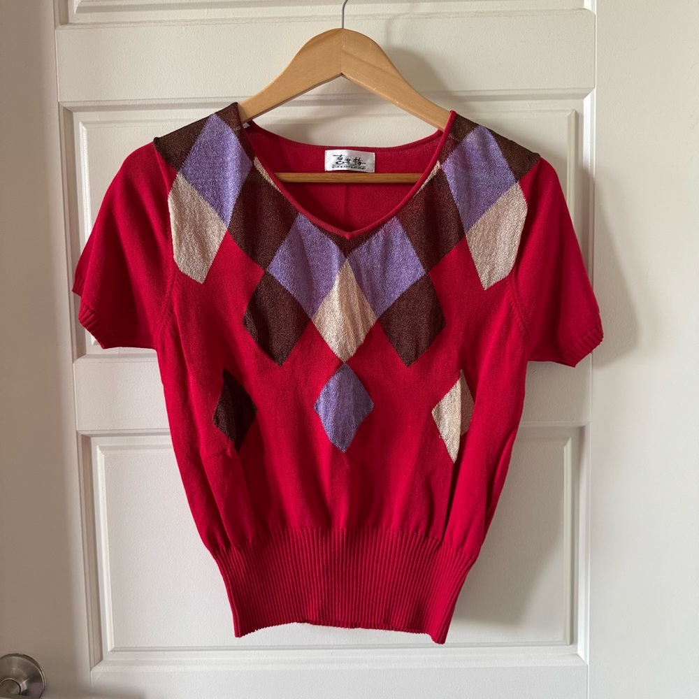 Argyle Short Sleeve V-Neck Sweater - Red, Purple, Brown. Best fits size small